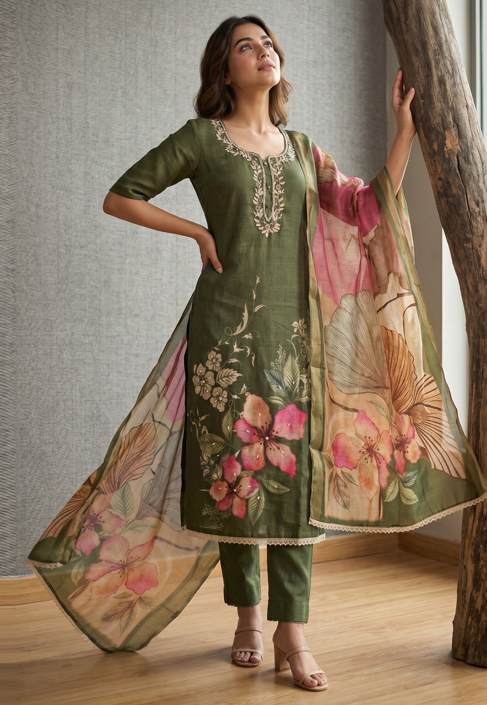 Mehndi Cotton Straight Suit 329361