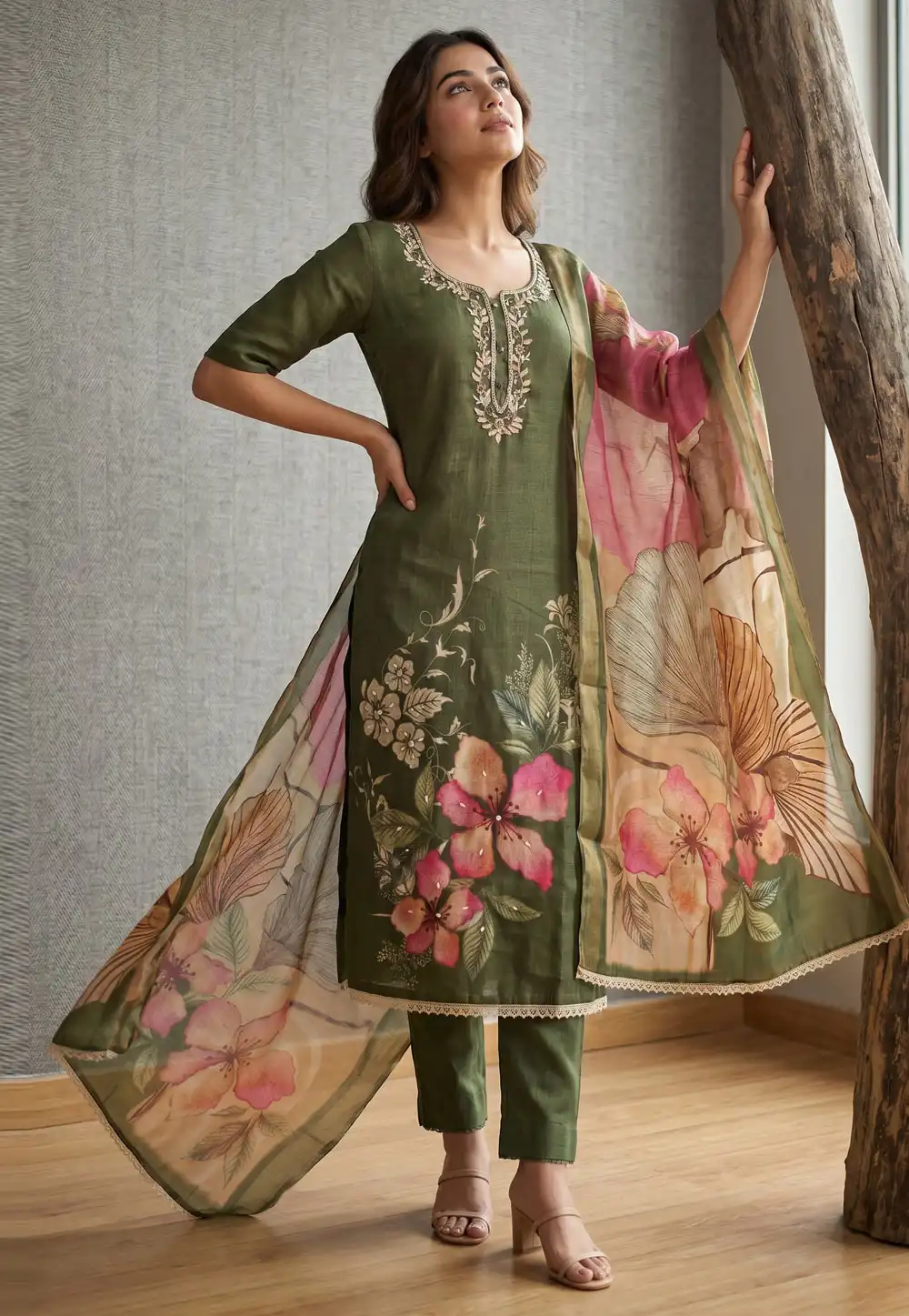 Mehndi Cotton Straight Suit 329361