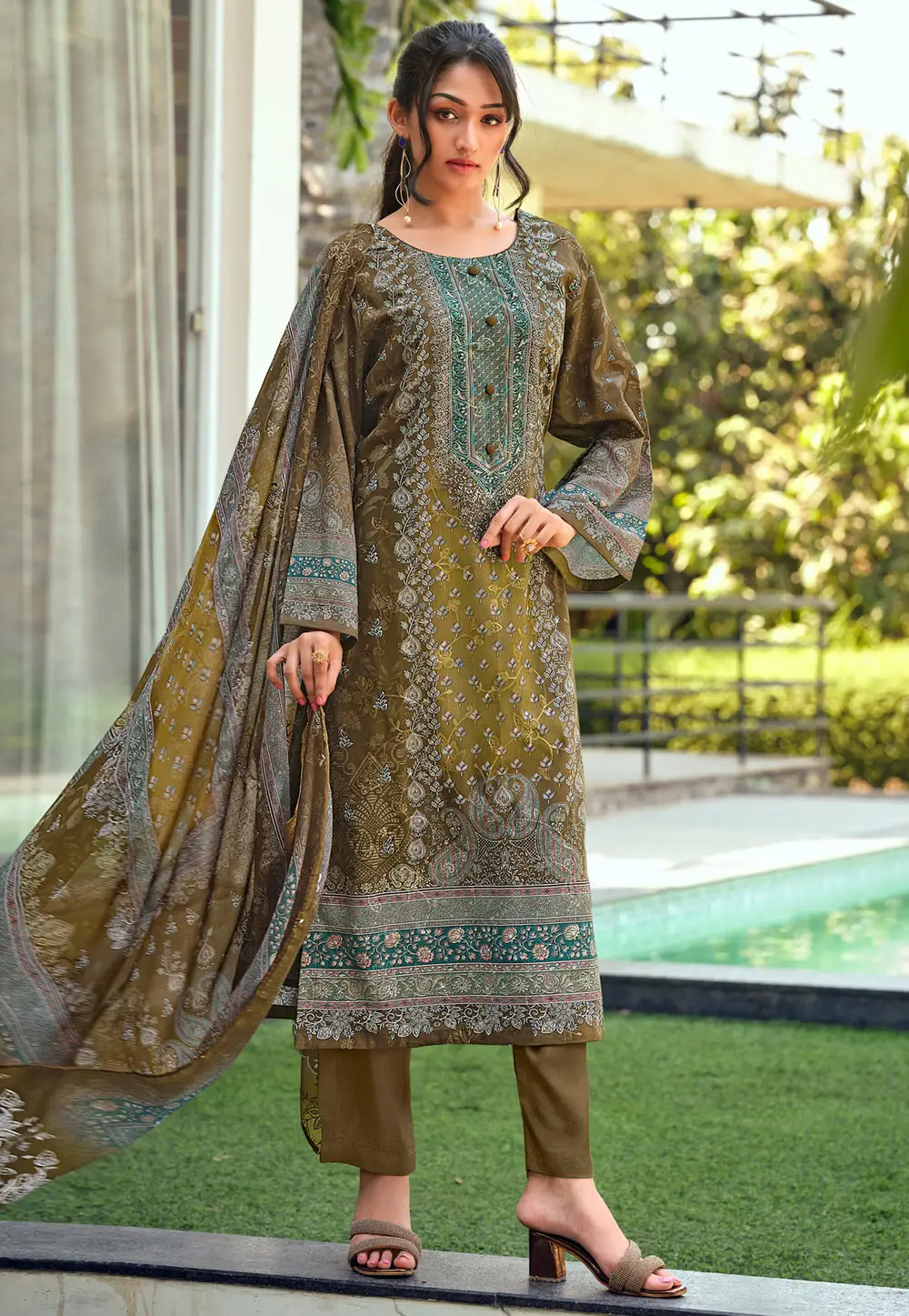Mehndi Cotton Straight Suit 334137