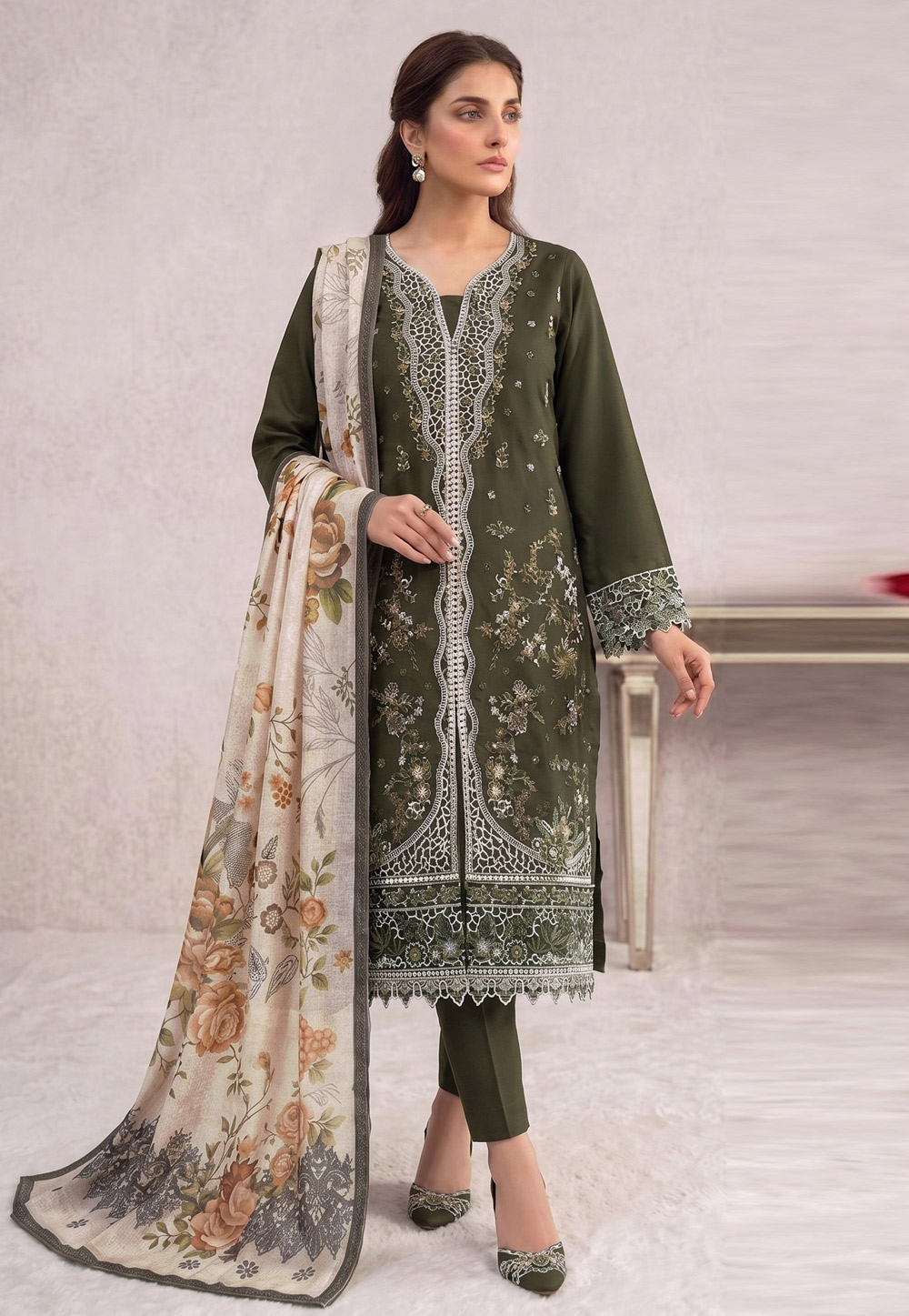Mehndi Cotton Straight Suit 329672