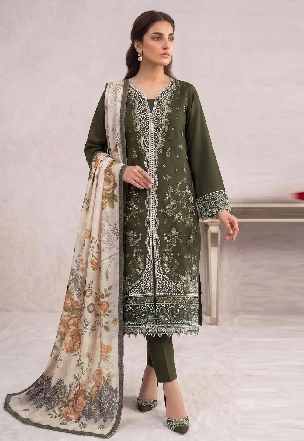 Mehndi Cotton Straight Suit 329672