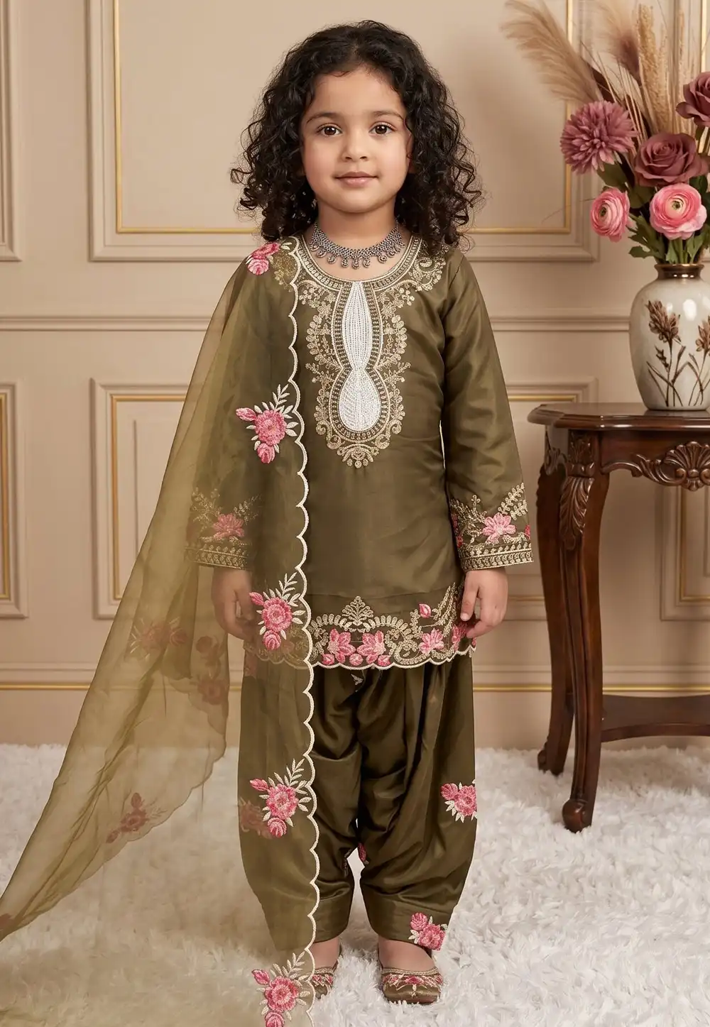 Mehndi Crepe Kids Punjabi Suit 329920