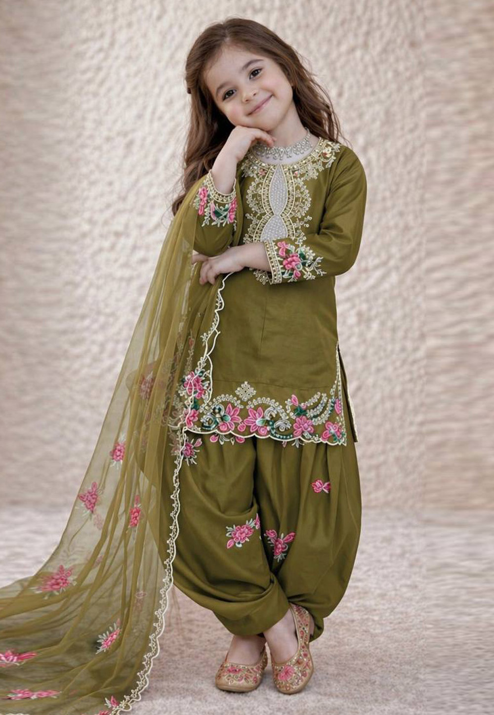 Mehndi Crepe Kids Punjabi Suit 327503
