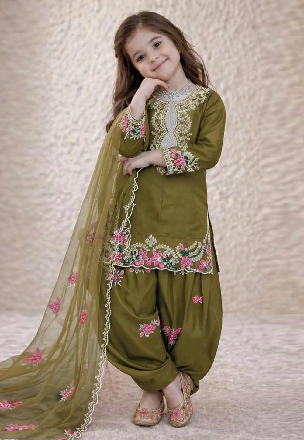 Mehndi Crepe Kids Punjabi Suit 327503