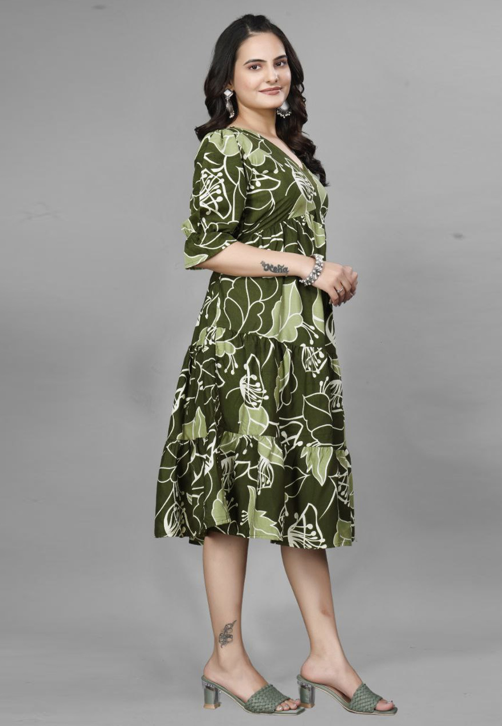 Mehndi Crepe Printed Gown 308175