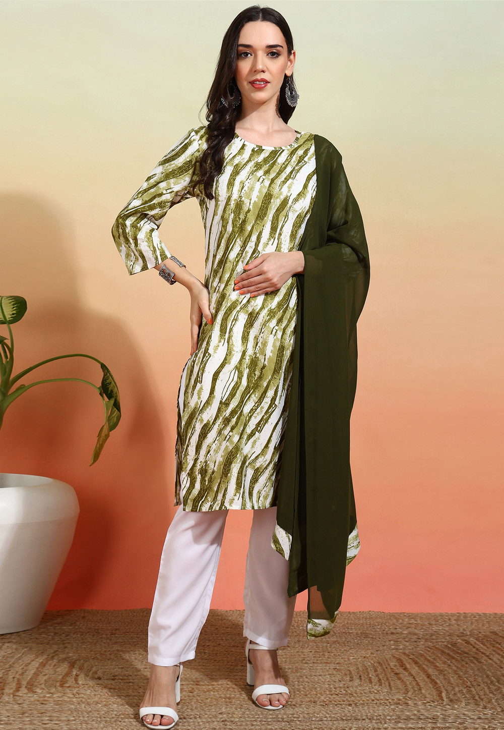Mehndi Crepe Readymade Pakistani Suit 308504