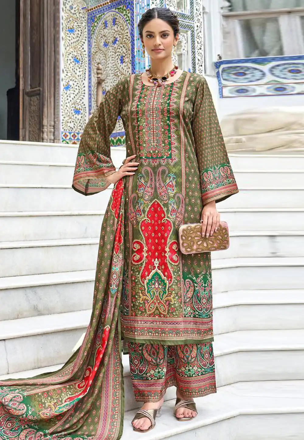 Mehndi Crepe Silk Readymade Pakistani Suit 327950