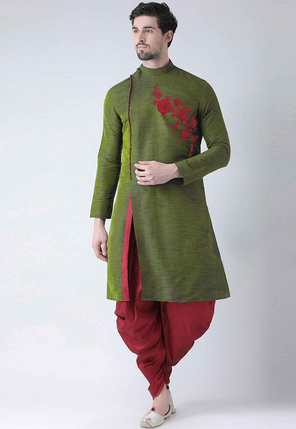 Mehndi Dupion Silk Dhoti Kurta 284907