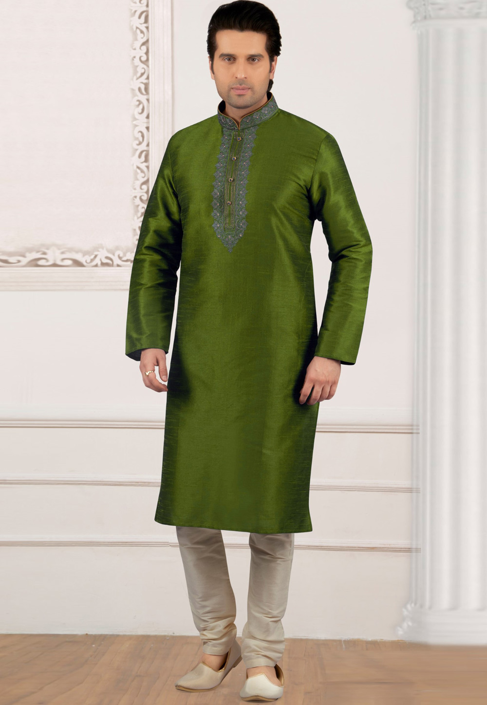 Mehndi Dupion Silk Kurta Pajama 309770