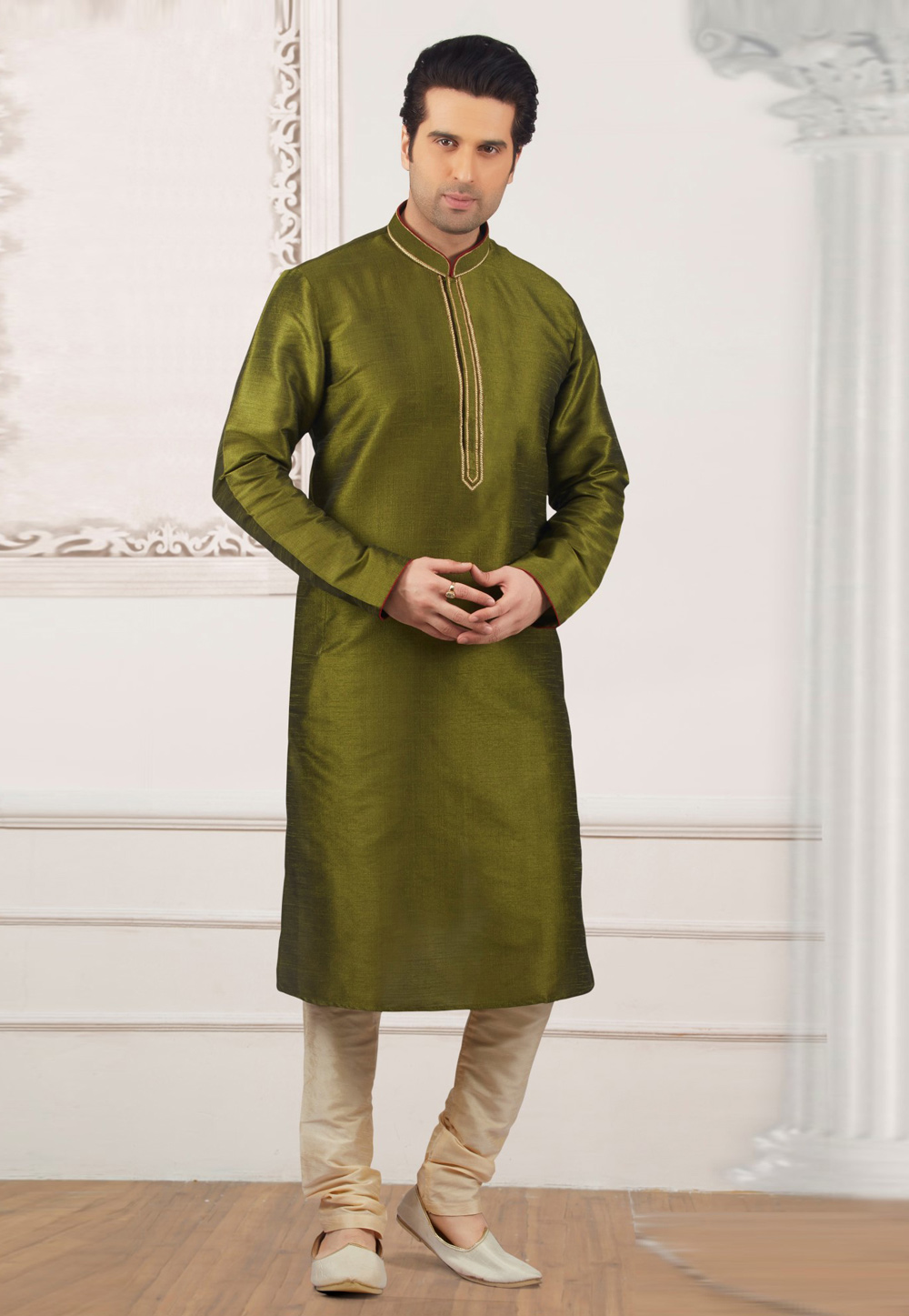 Mehndi Dupion Silk Kurta Pajama 311303