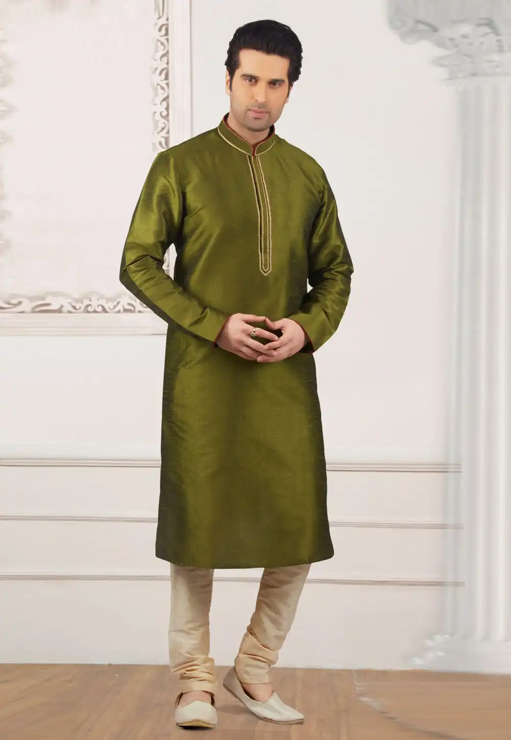 Mehndi Dupion Silk Kurta Pajama 311303
