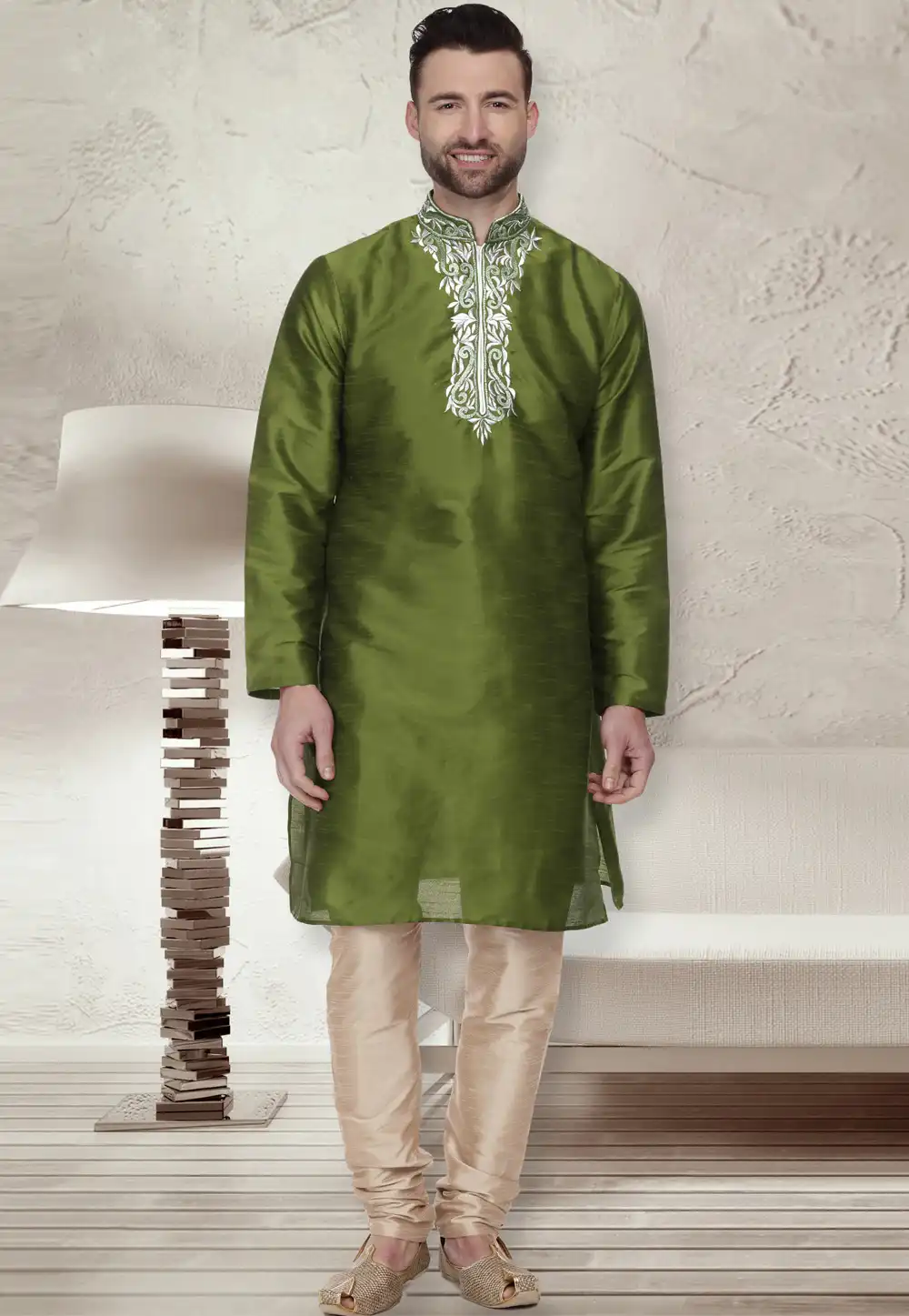 Mehndi Dupion Silk Kurta Pajama 279677
