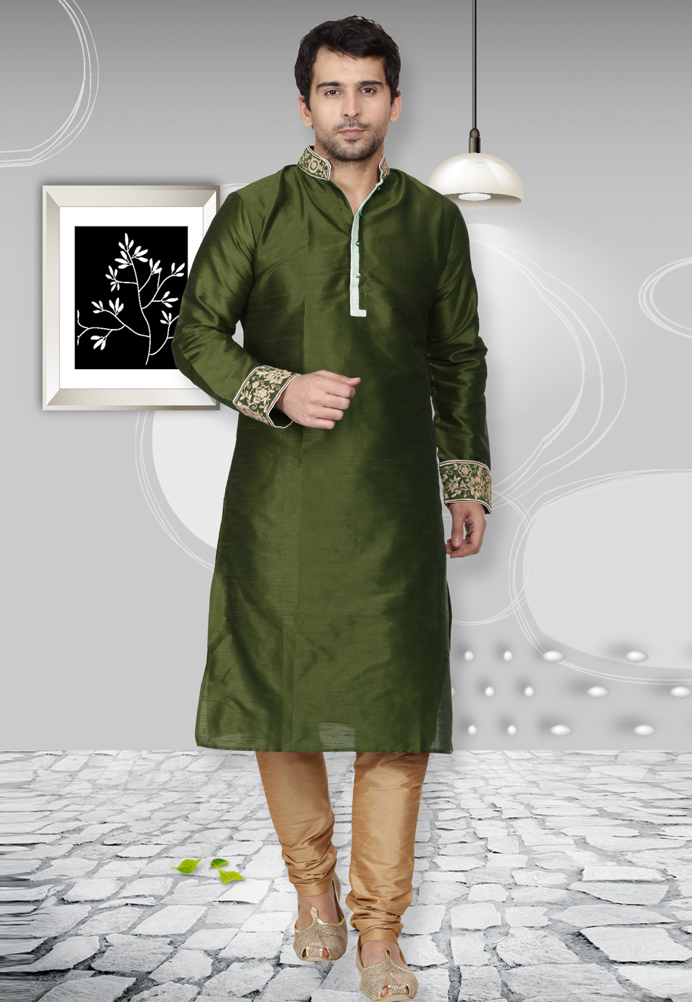 Mehndi Dupion Silk Kurta Pajama 279678