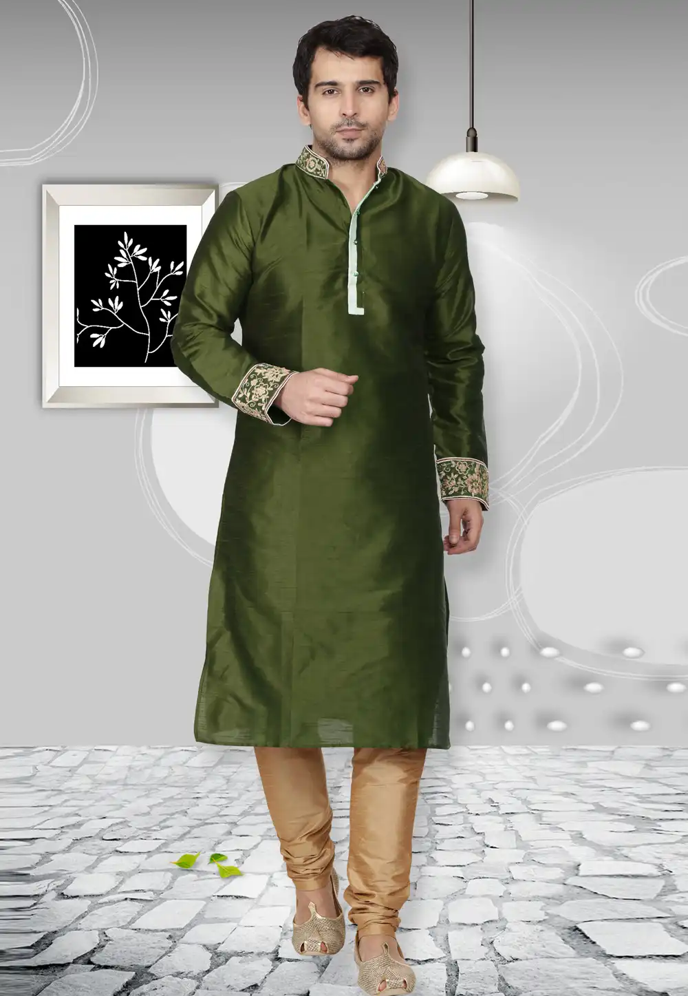 Mehndi Dupion Silk Kurta Pajama 279678