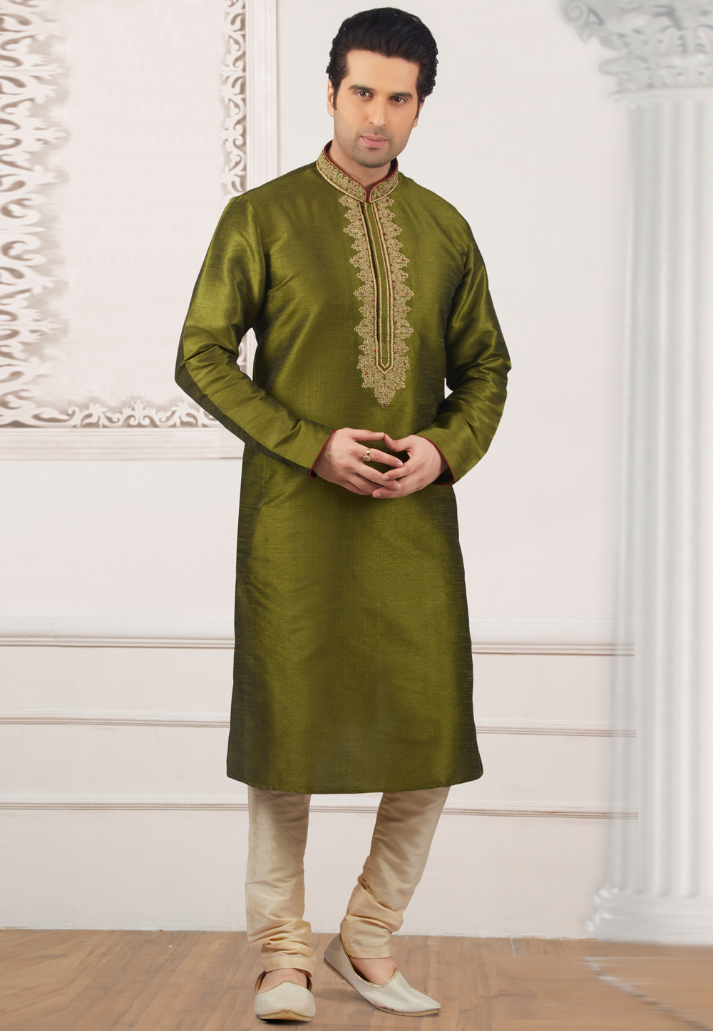 Mehndi Dupion Silk Kurta Pajama 279699