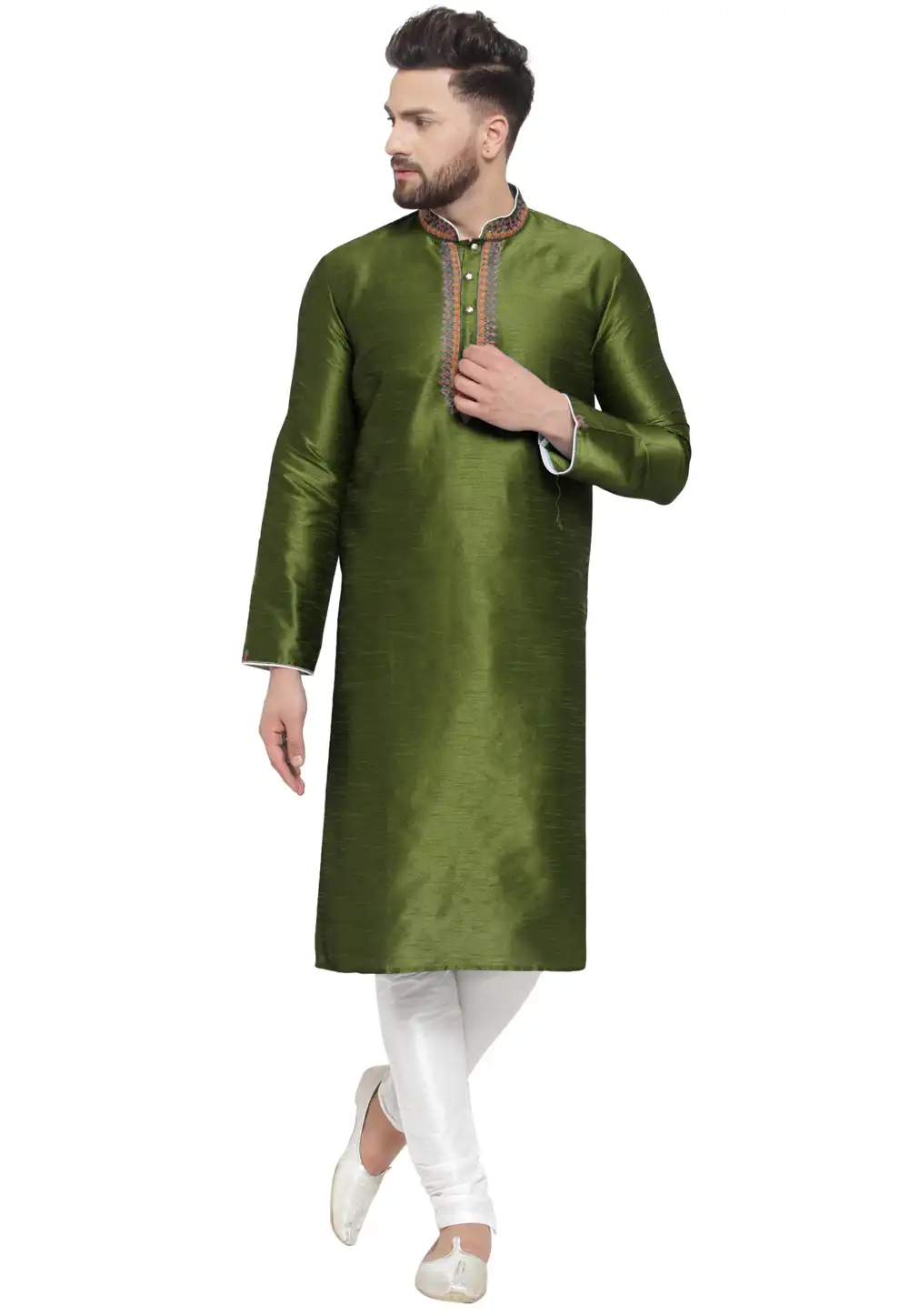 Mehndi Dupion Silk Kurta Pajama 284940