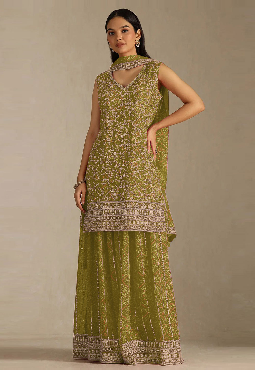 Mehndi Faux Georgette Embroidered Pakistani Suit 330372