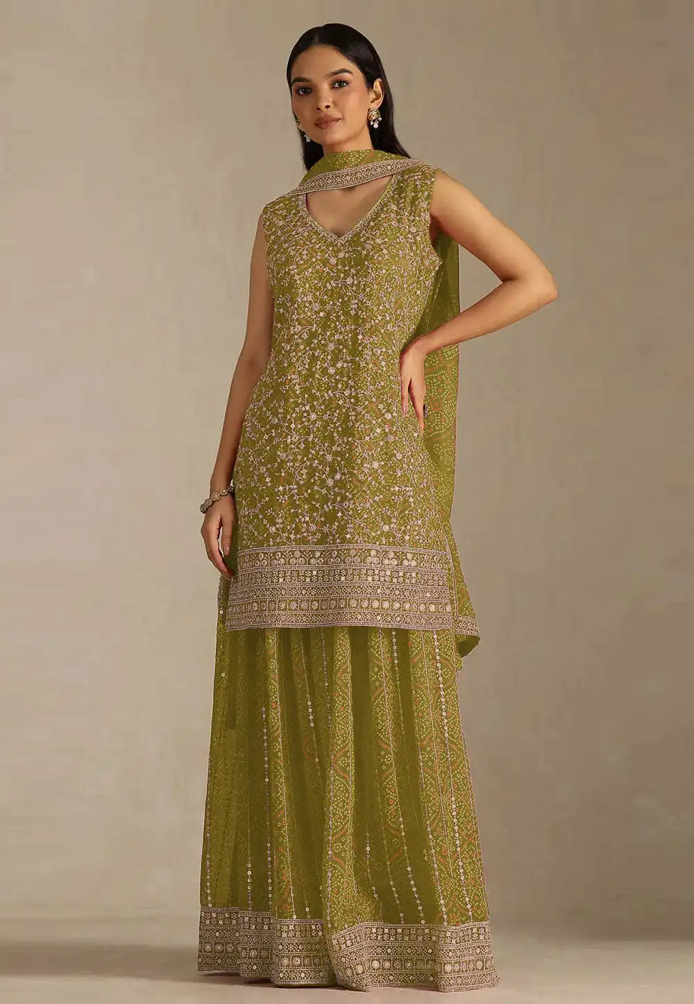 Mehndi Faux Georgette Embroidered Pakistani Suit 330372
