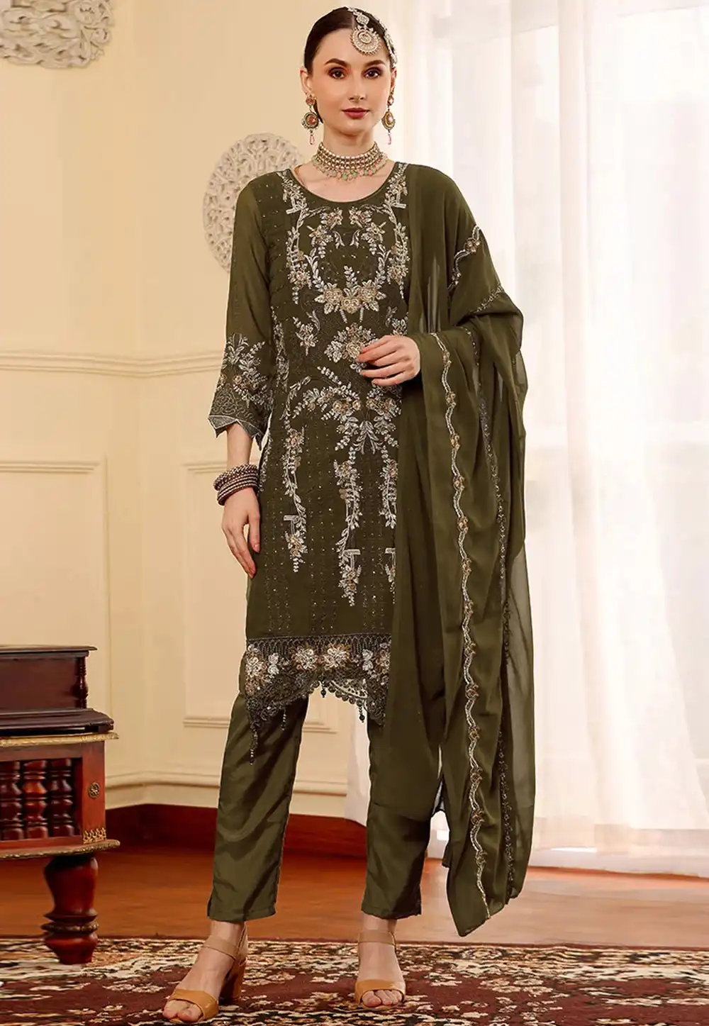 Mehndi Faux Georgette Embroidered Pant Style Suit 319938