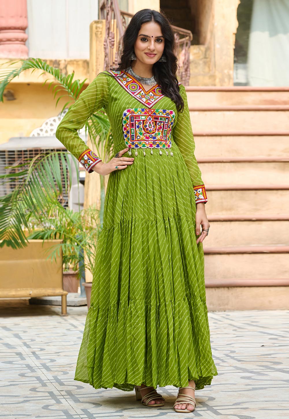 Mehndi Faux Georgette Navratri Wear Gown 313149