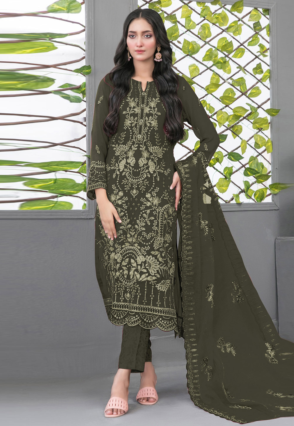 Mehndi Faux Georgette Pant Style Suit 320947