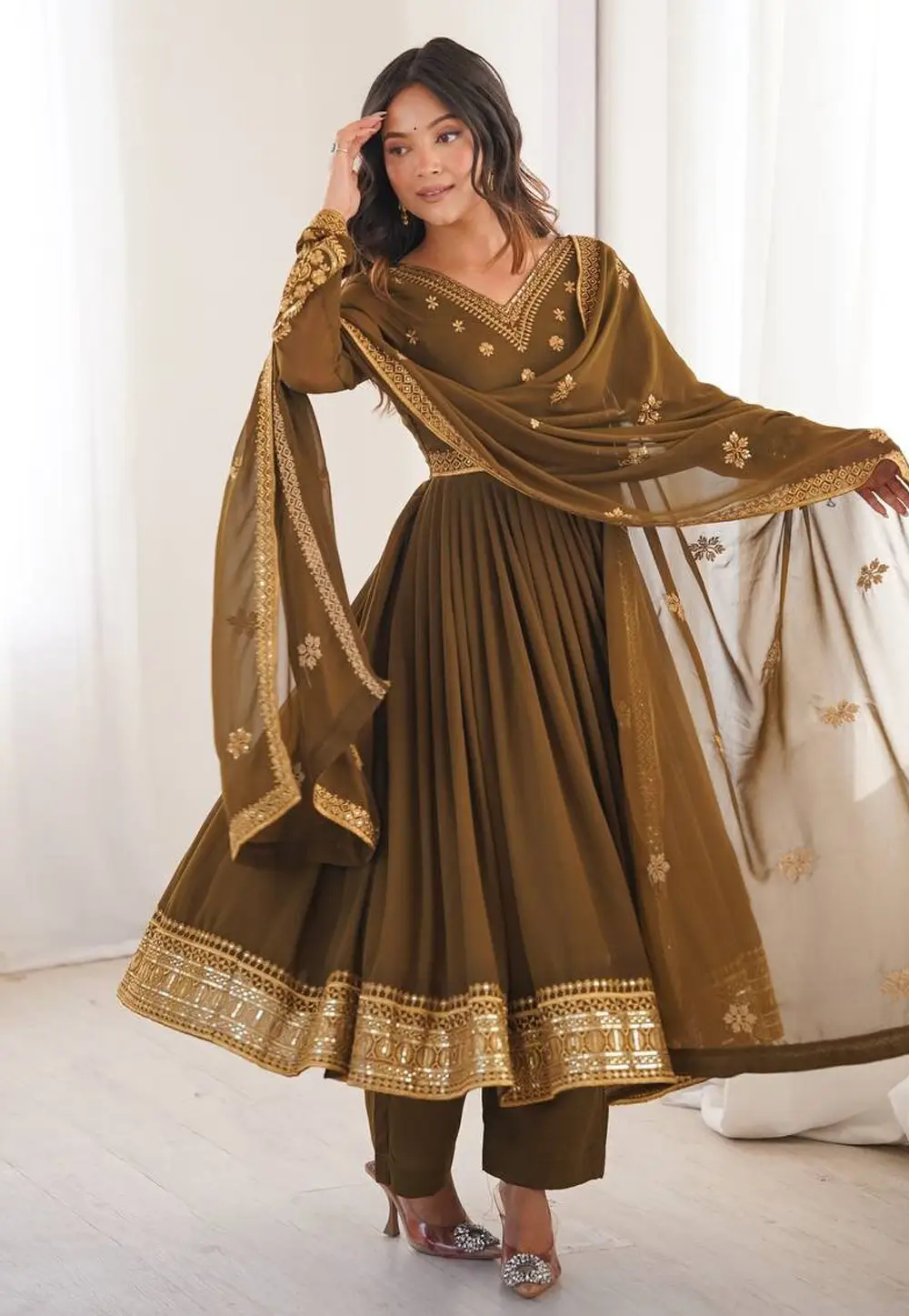 Mehndi Faux Georgette Readymade Anarkali Suit 336685