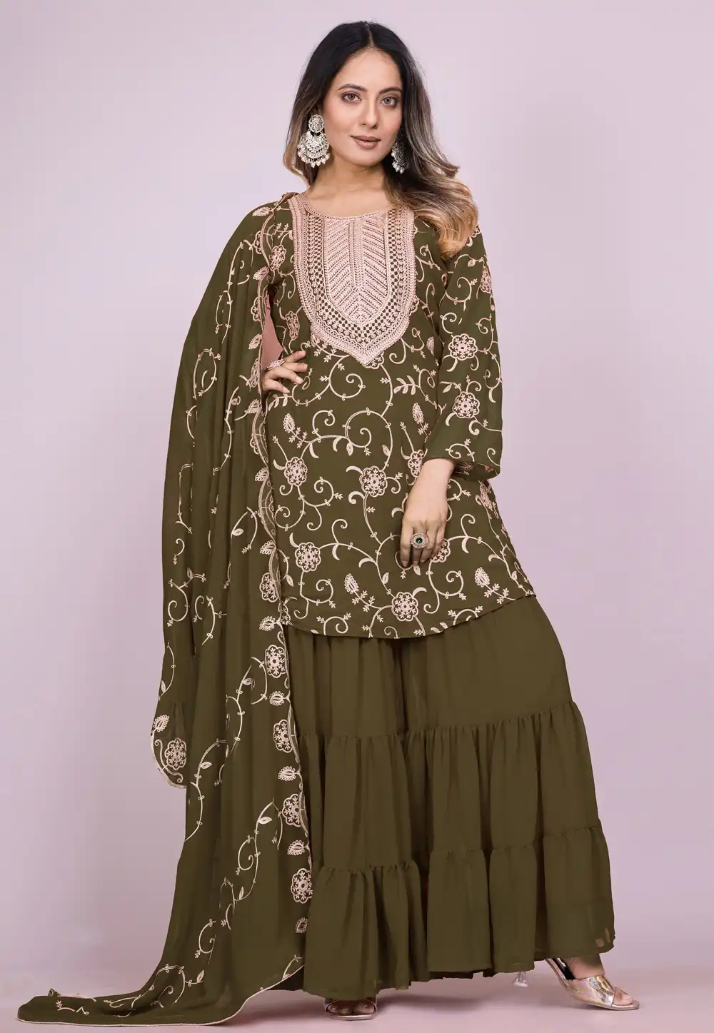 Mehndi Faux Georgette Readymade Gharara Suit 310897