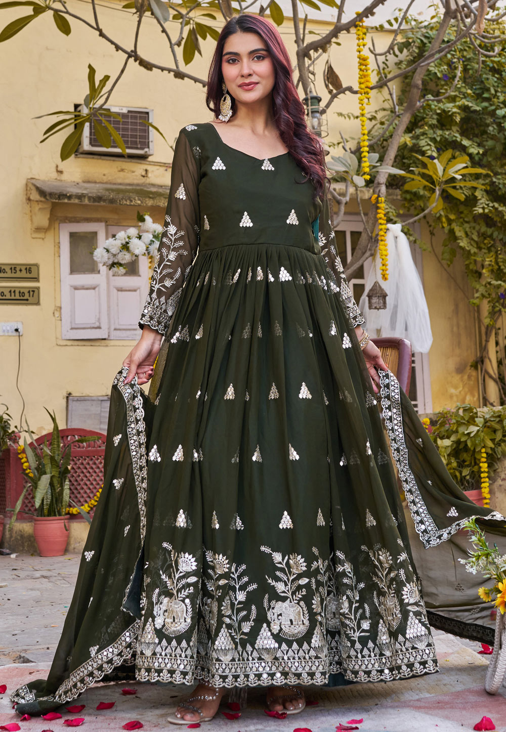 Mehndi Faux Georgette Readymade Long Anarkali Suit 325499