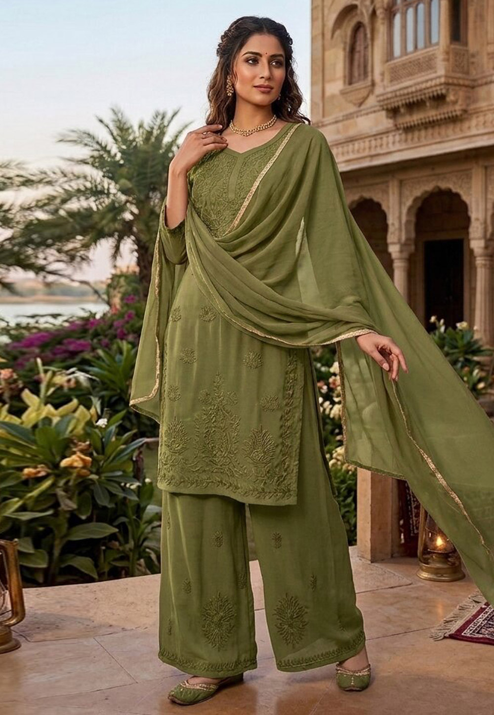 Mehndi Faux Georgette Readymade Pakistani Suit 328604