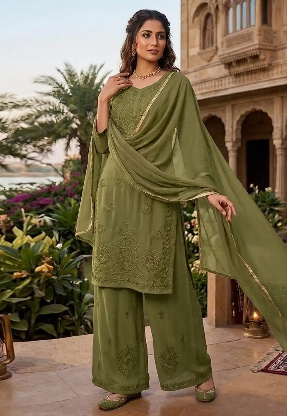 Mehndi Faux Georgette Readymade Pakistani Suit 328604