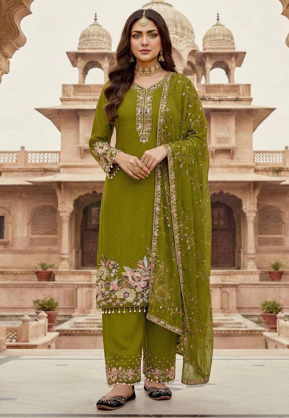 Mehndi Faux Georgette Readymade Palazzo Suit 326953