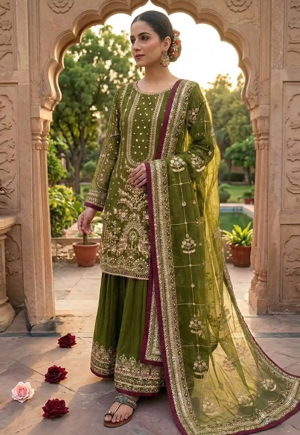 Mehndi Faux Georgette Readymade Palazzo Suit 328956