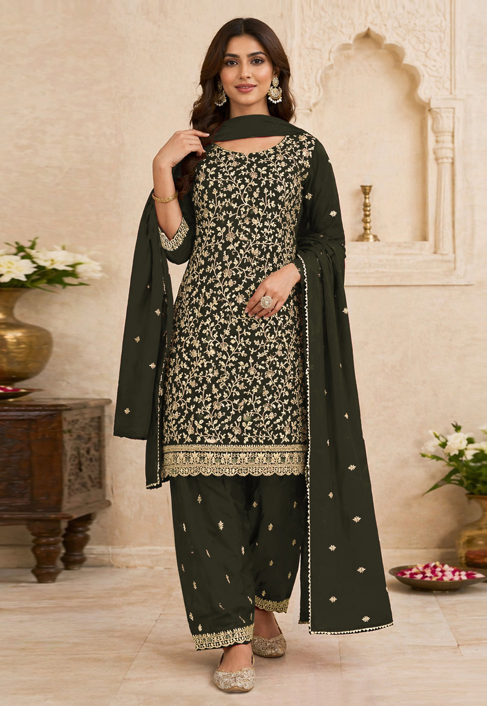 Mehndi Georgette Embroidered Pakistani Suit 330378
