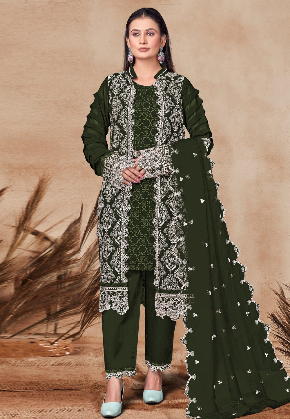 Mehndi Georgette Embroidered Pakistani Suit 307481
