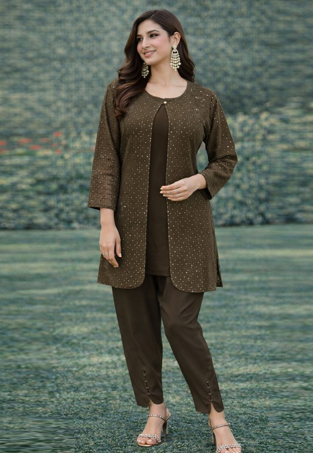 Mehndi Georgette Kurta Set With Pant 326625