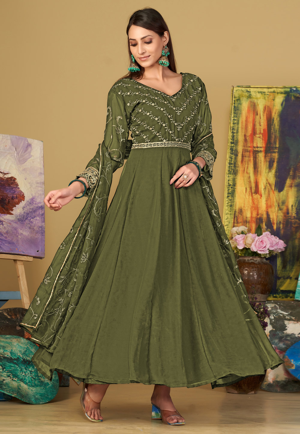 Mehndi Georgette Long Anarkali Suit 283643