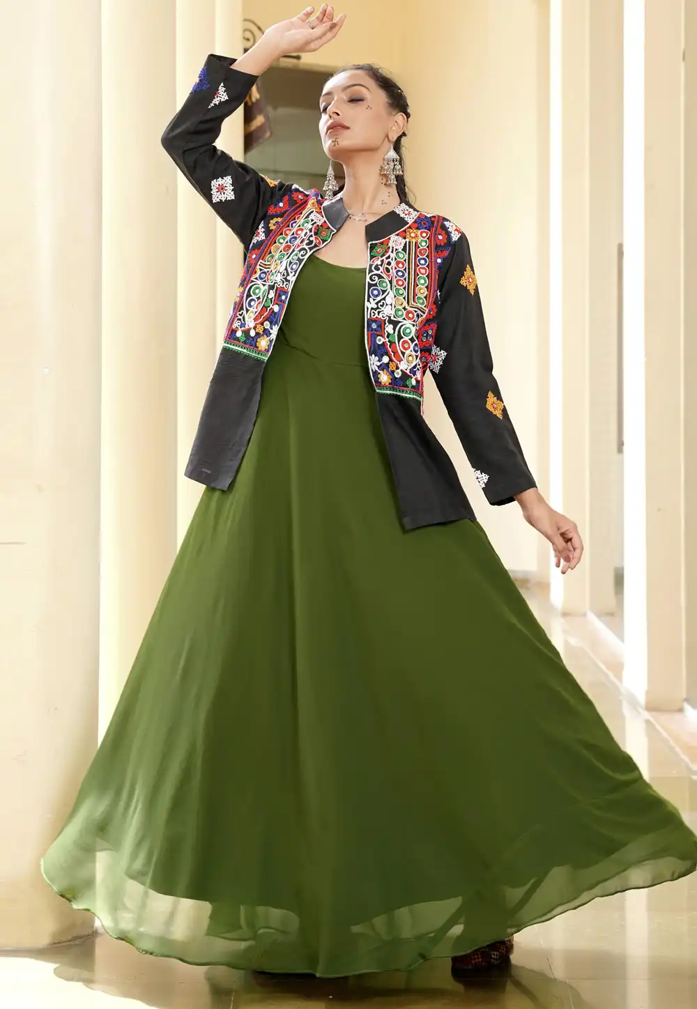 Mehndi Georgette Navratri Wear Gown 314148