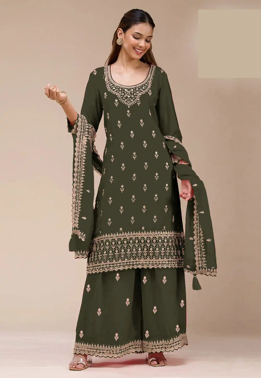 Mehndi Georgette Pakistani Suit 319236
