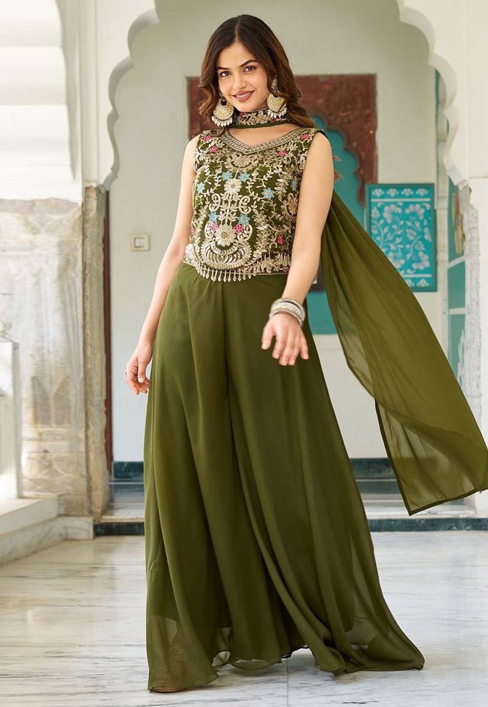 Mehndi Georgette Palazzo With Crop Top 312059