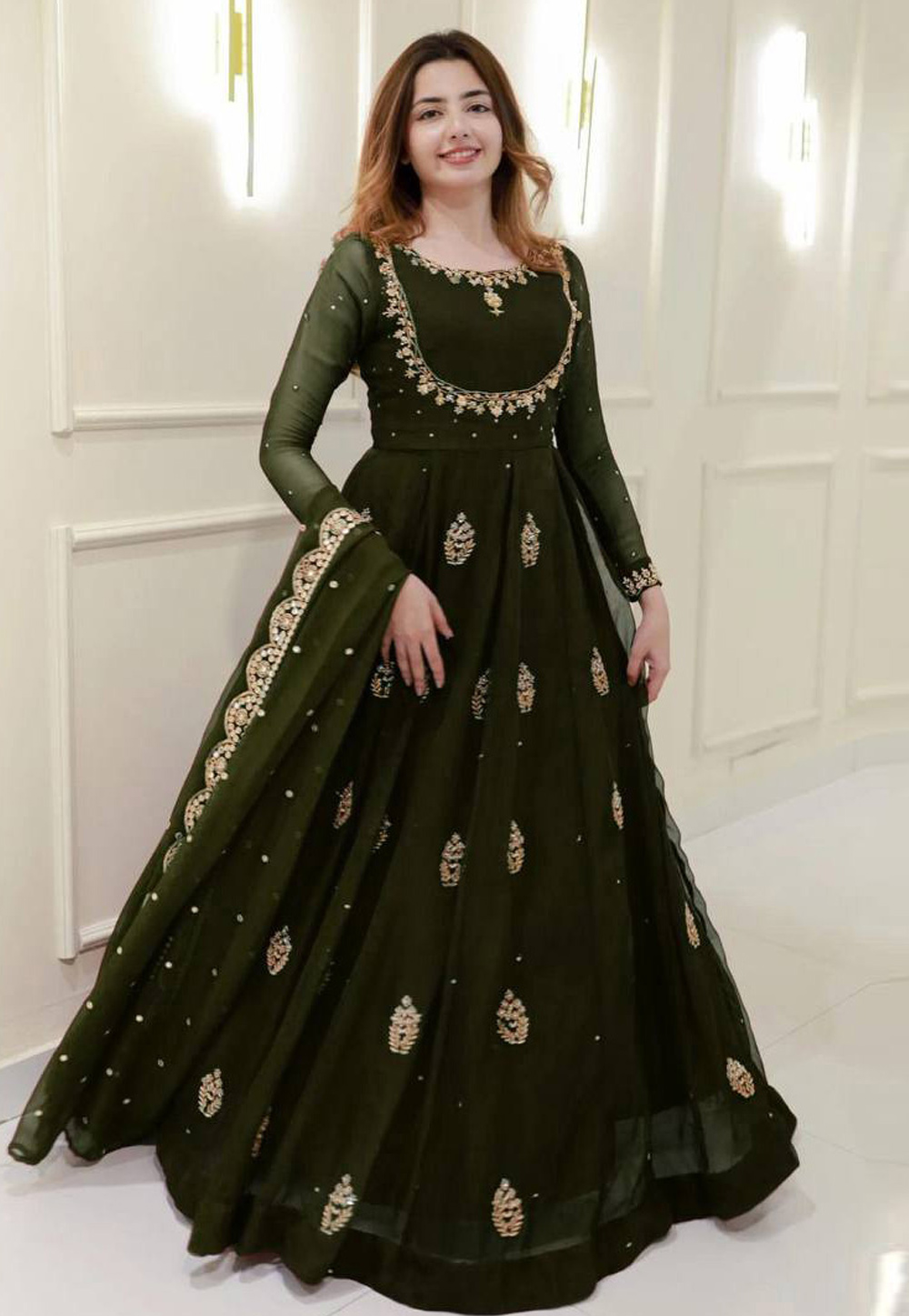 Mehndi Georgette Readymade Anarkali Suit 321464