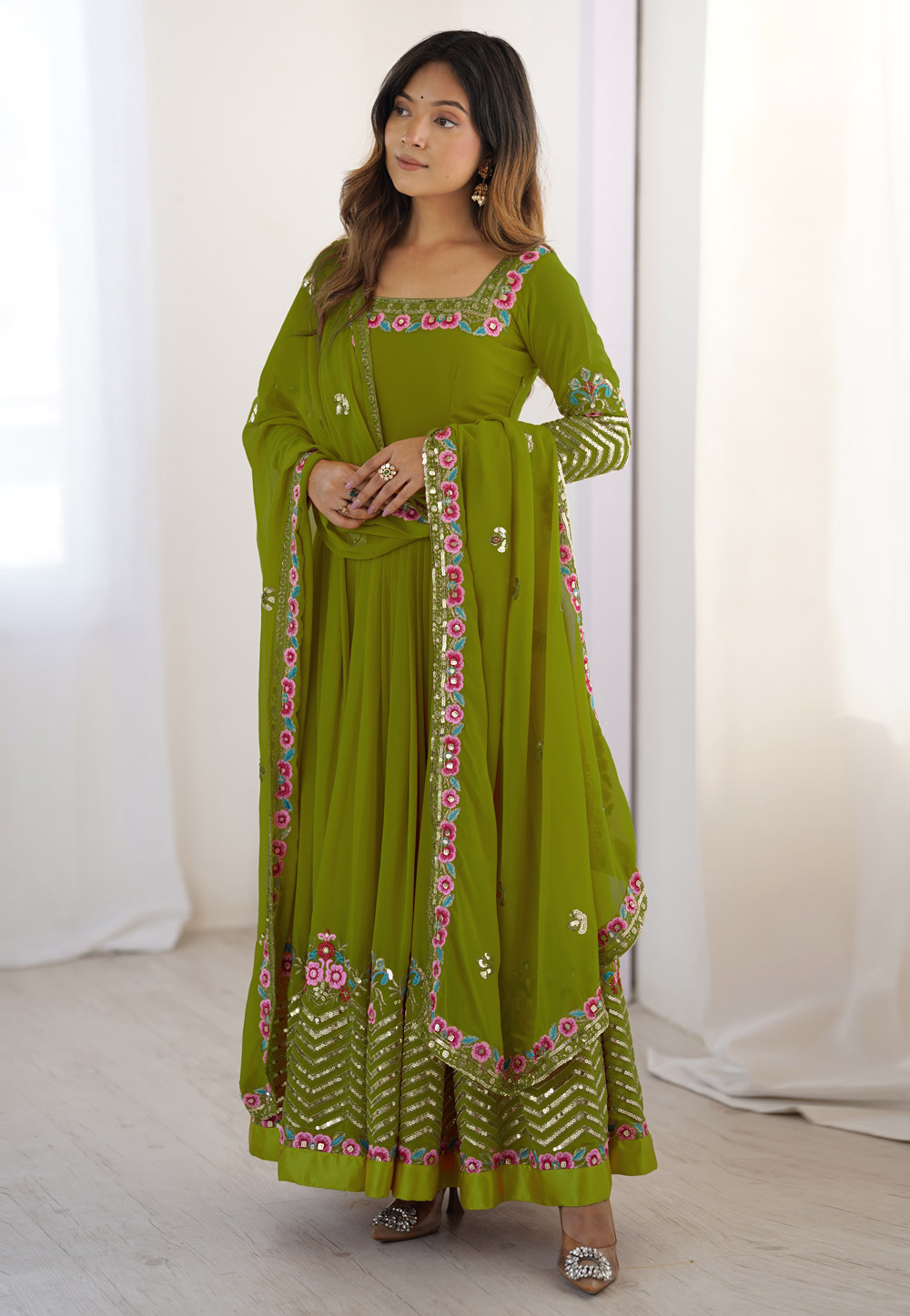 Mehndi Georgette Readymade Anarkali Suit 319588