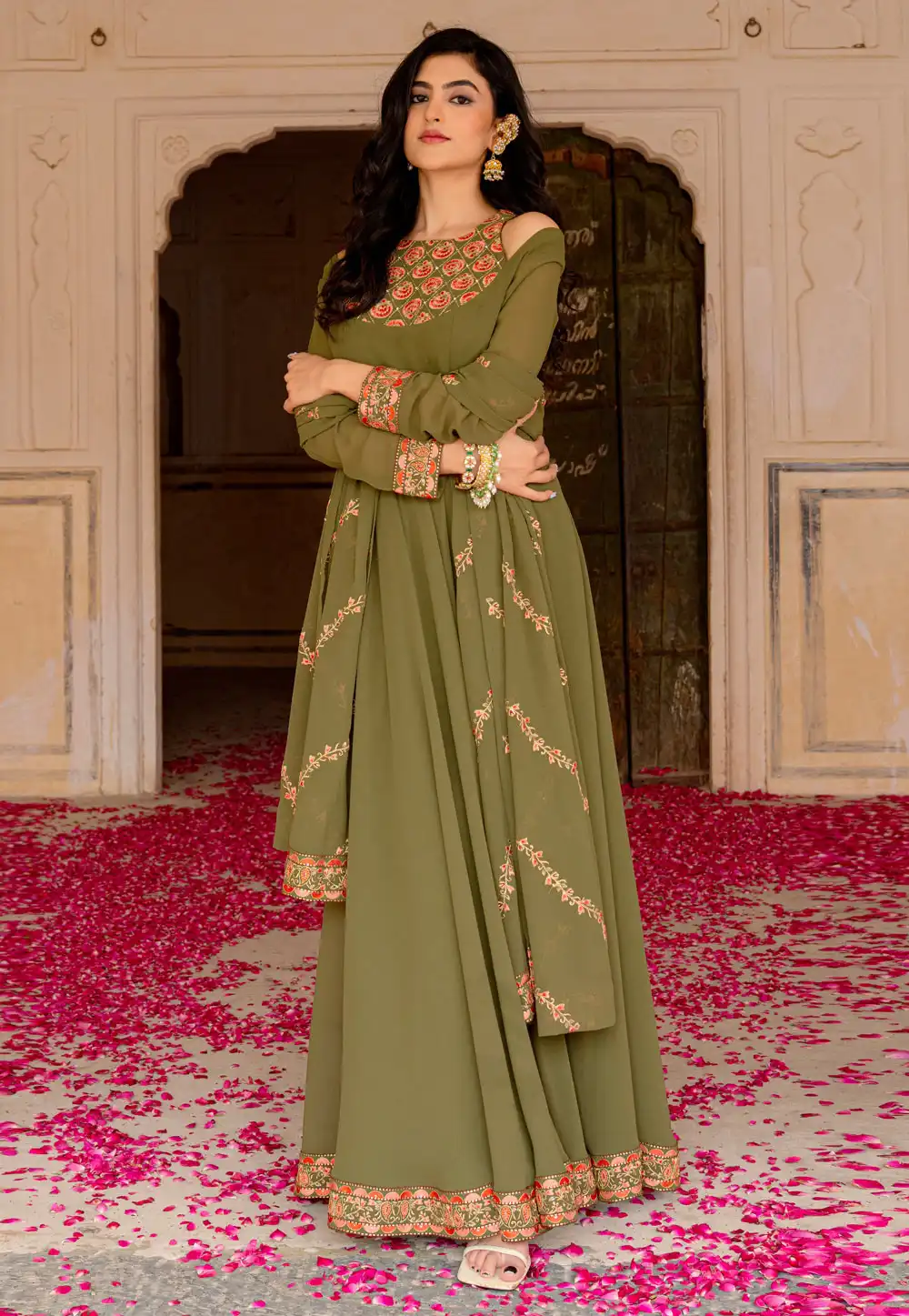 Mehndi Georgette Readymade Anarkali Suit 321004