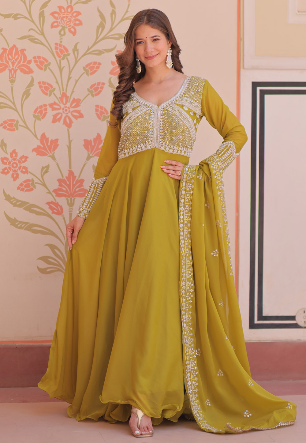 Mehndi Georgette Readymade Long Anarkali Suit 327187