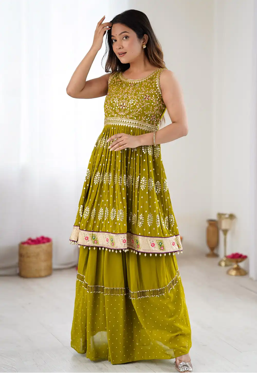 Mehndi Georgette Readymade Long Choli Lehenga 317121