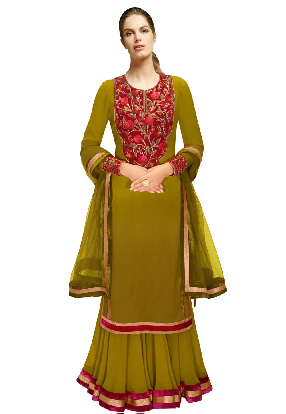 Mehndi Georgette Readymade Pakistani Suit 322176