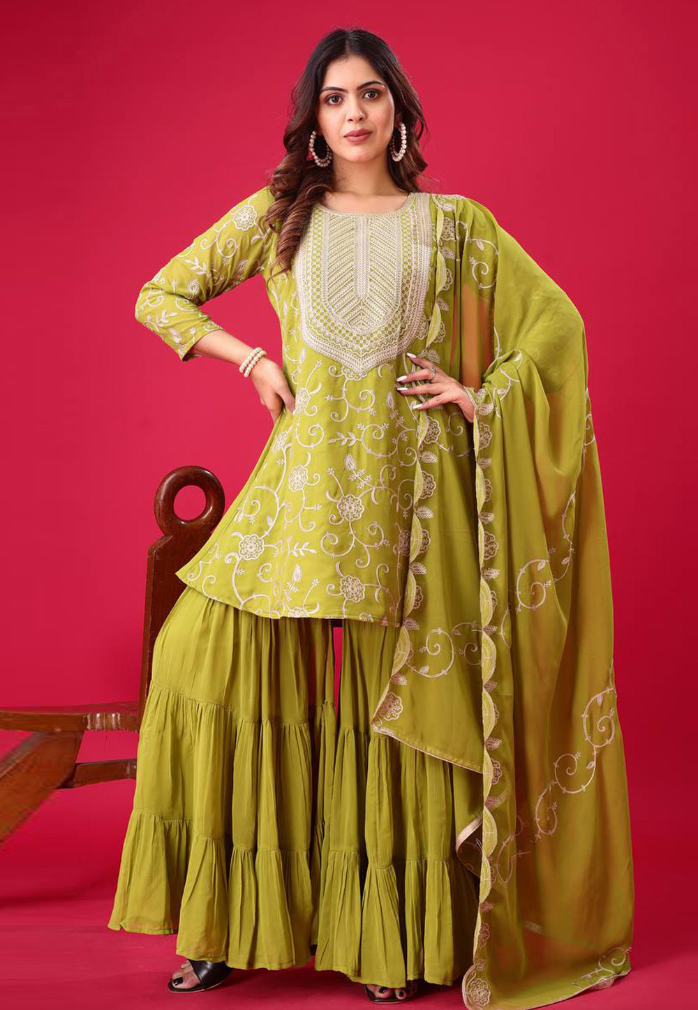 Mehndi Georgette Readymade Sharara Suit 307889