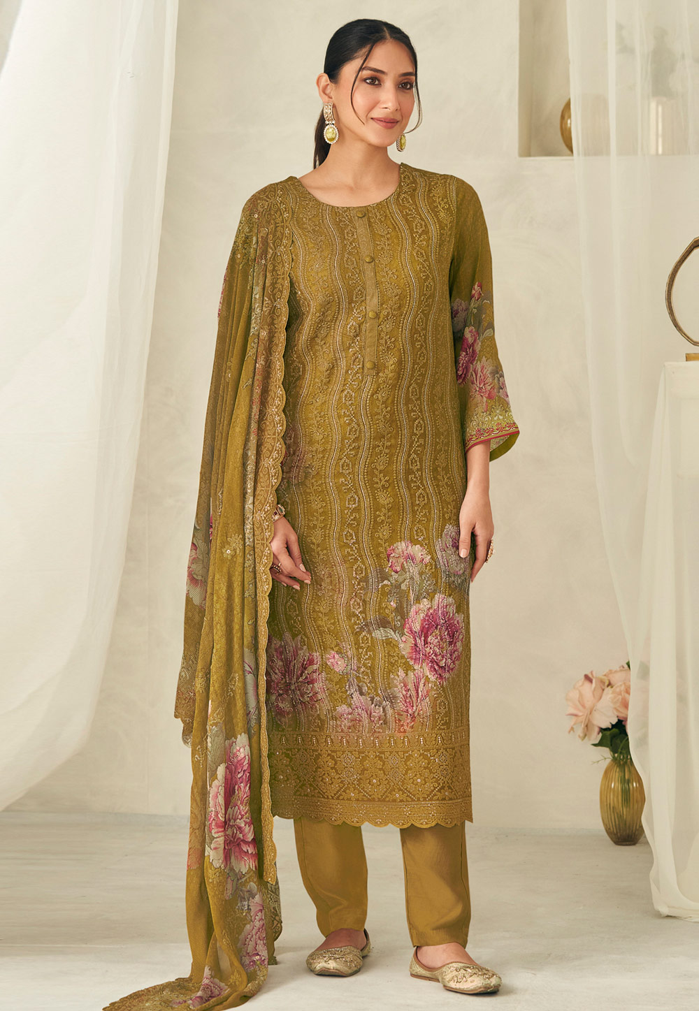 Mehndi Georgette Straight Suit 326575