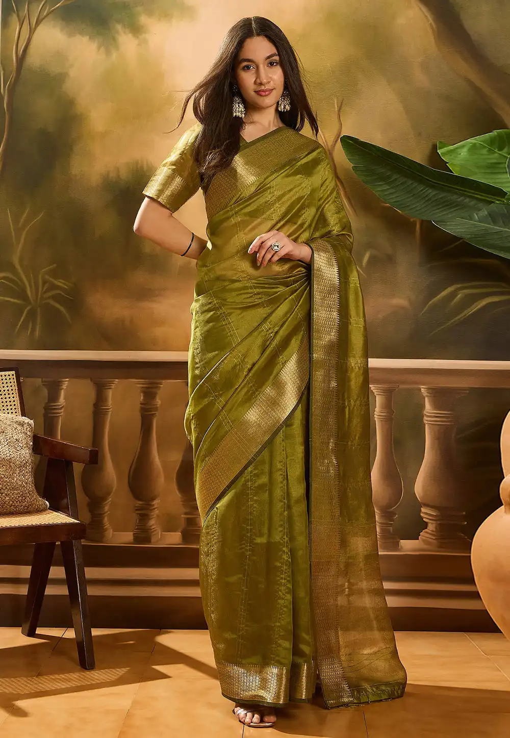 Mehndi Khadi Saree With Blouse 309140