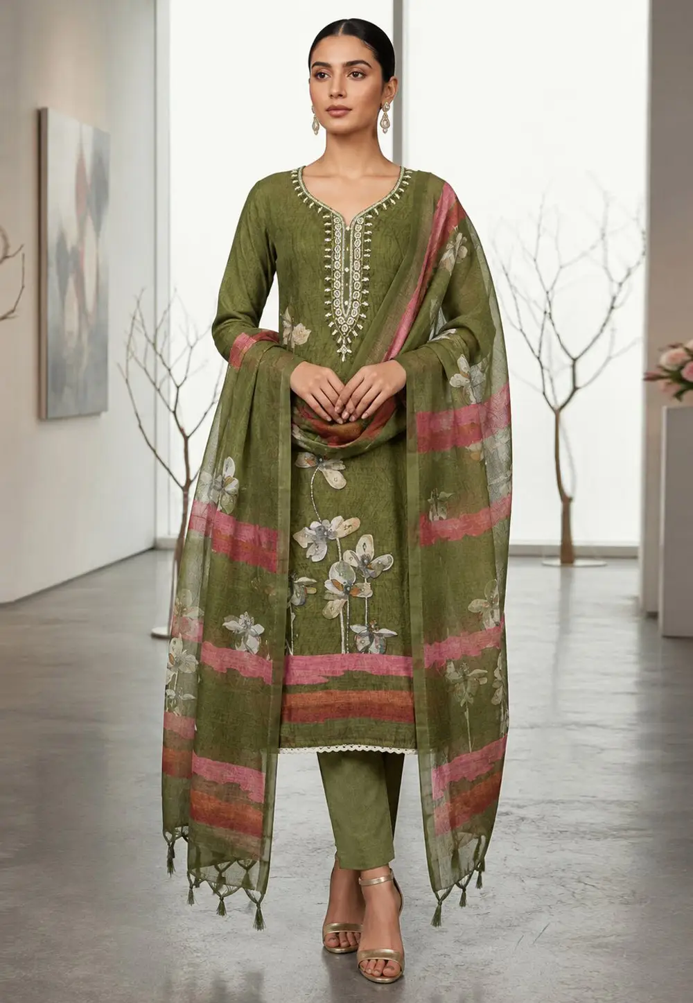Mehndi Linen Pakistani Suit 334590