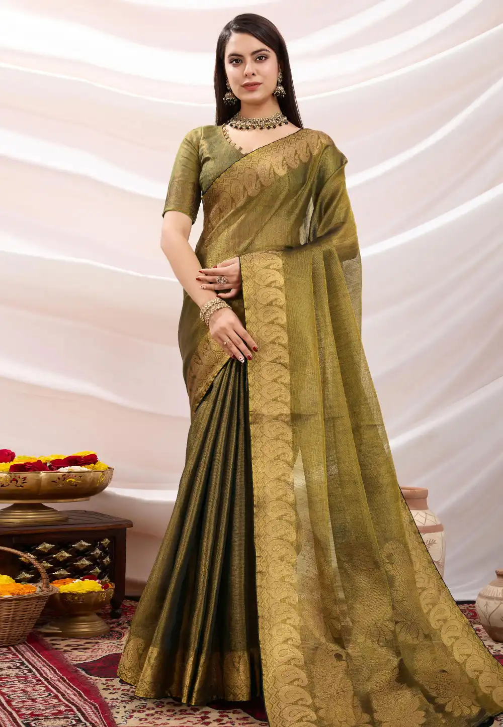 Mehndi Linen Saree With Blouse 305629